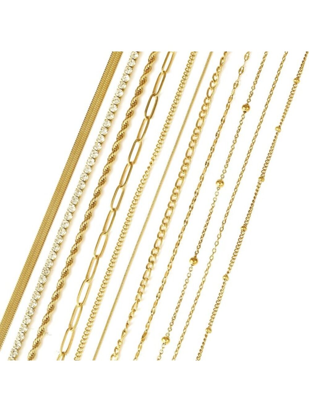 11PCS Gold Necklace Set for Women - Non-Tarnish Cuban Snake Chains & More